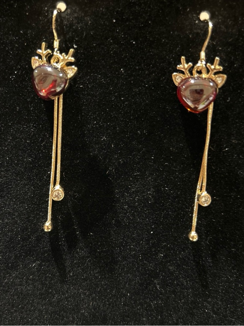 Gold color Reindeer Heart Drop Earrings with Red Gem